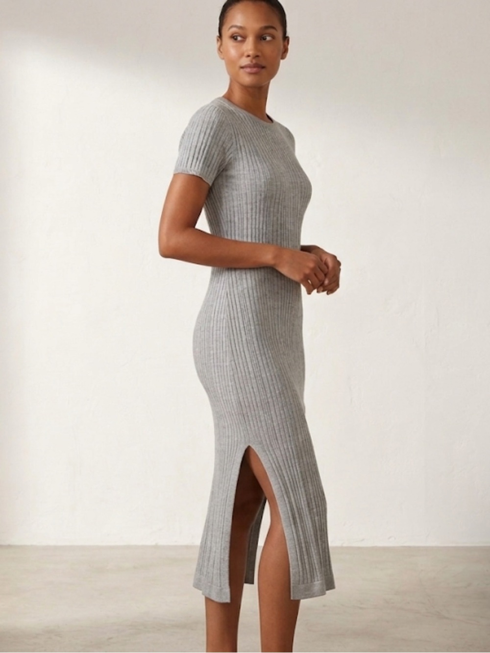 NakedCashmere Light Grey Channel Ribbed V-Neck Cotton Sweater Dress Size Small